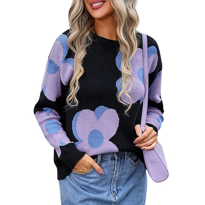 Sweaters- Trendy Big Flower Knit Sweater - Women’s Cozy Crewneck Jumper- Black- Pekosa Women Fashion