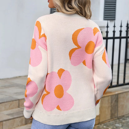 Sweaters- Trendy Big Flower Knit Sweater - Women’s Cozy Crewneck Jumper- - Pekosa Women Fashion