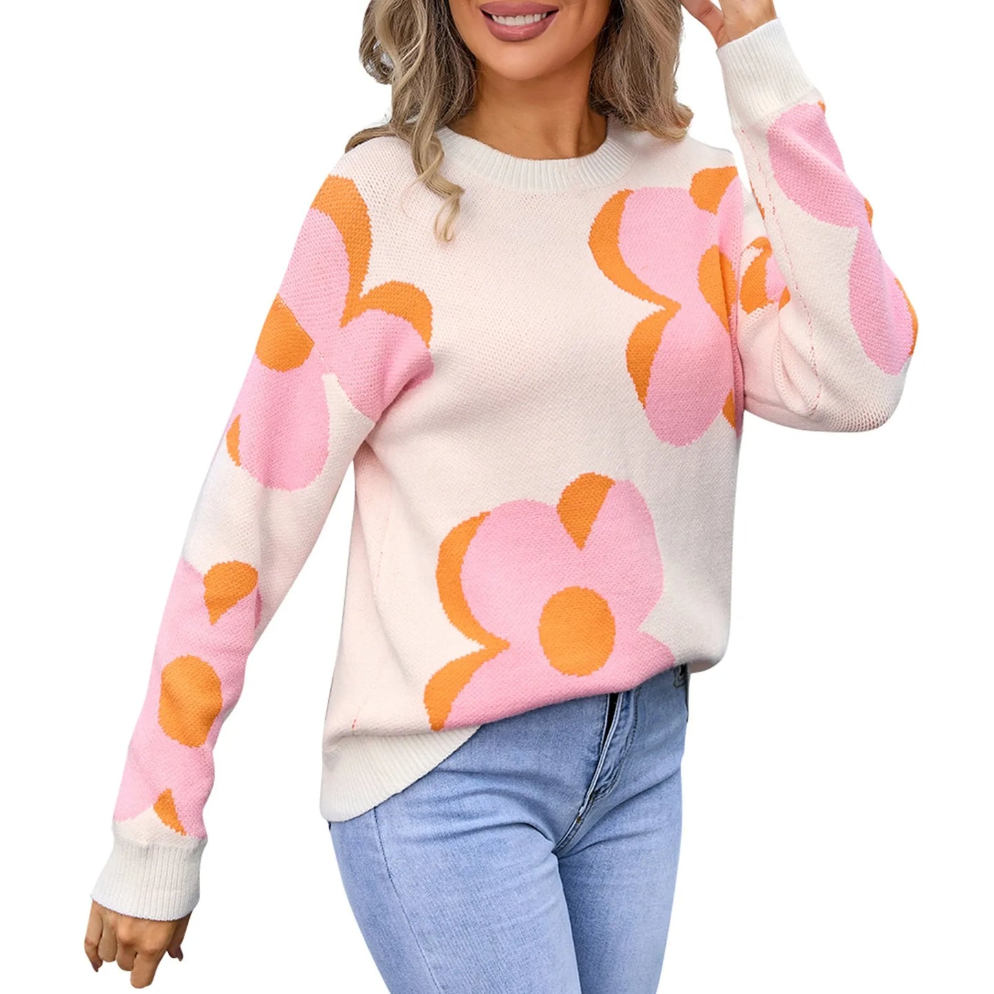 Sweaters- Trendy Big Flower Knit Sweater - Women’s Cozy Crewneck Jumper- Pink- Pekosa Women Fashion