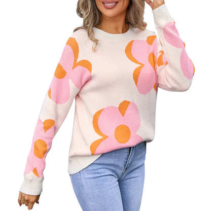 Sweaters- Trendy Big Flower Knit Sweater - Women’s Cozy Crewneck Jumper- Pink- Pekosa Women Fashion