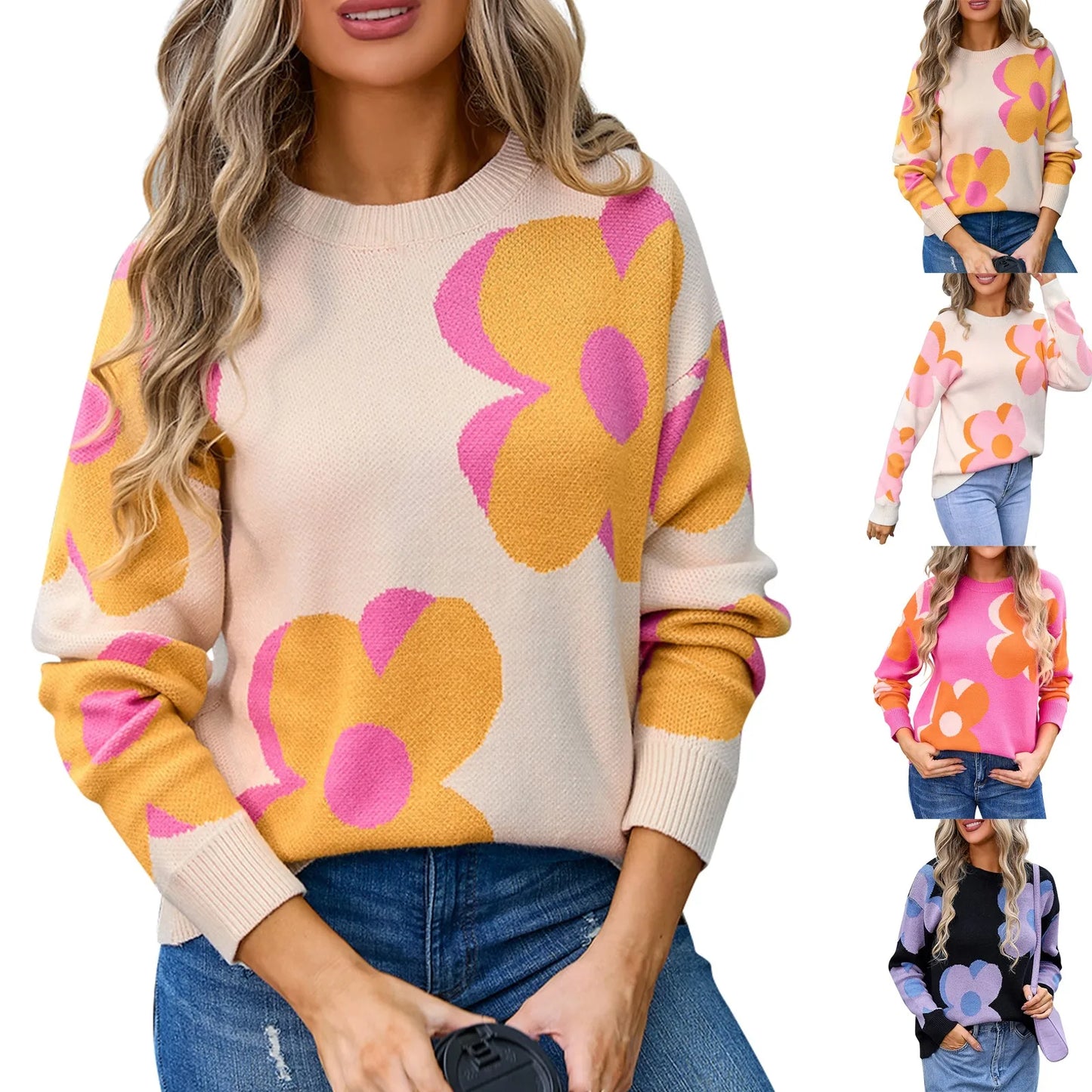 Sweaters- Trendy Big Flower Knit Sweater - Women’s Cozy Crewneck Jumper- - Pekosa Women Fashion