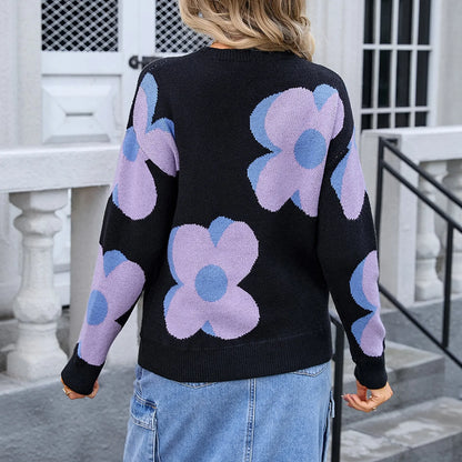 Sweaters- Trendy Big Flower Knit Sweater - Women’s Cozy Crewneck Jumper- - Pekosa Women Fashion