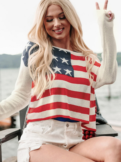 Sweaters- USA Pride Essential Women's Flag Print Sweater Pullover- - Chuzko Women Clothing