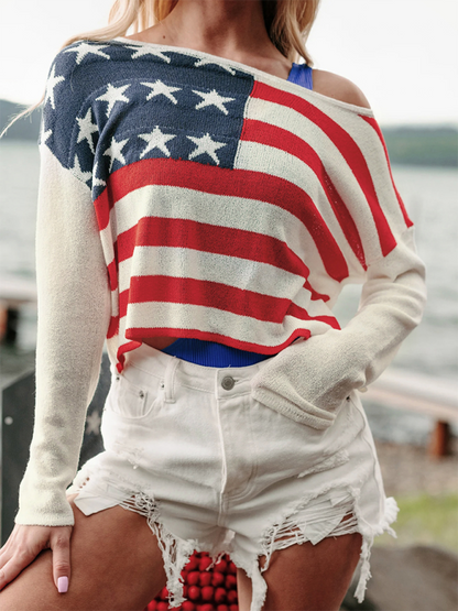 Sweaters- USA Pride Essential Women's Flag Print Sweater Pullover- - Chuzko Women Clothing