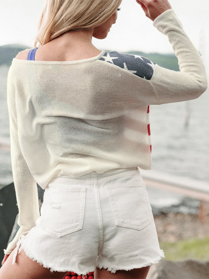 Sweaters- USA Pride Essential Women's Flag Print Sweater Pullover- - Chuzko Women Clothing