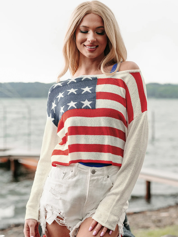 Sweaters- USA Pride Essential Women's Flag Print Sweater Pullover- - Chuzko Women Clothing