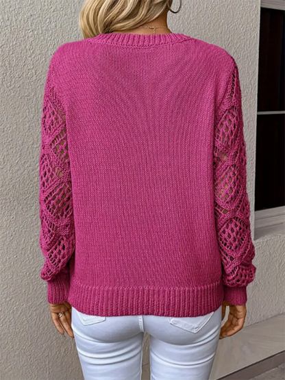 Sweaters - V-neck Hollow Out Embroidery Long Sleeve Sweater Knit Top