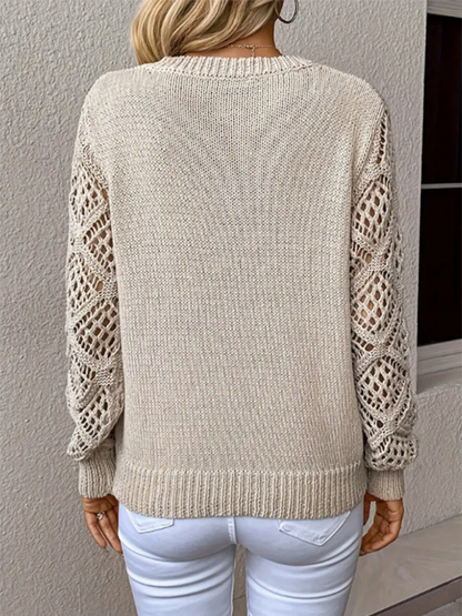 Sweaters - V-neck Hollow Out Embroidery Long Sleeve Sweater Knit Top