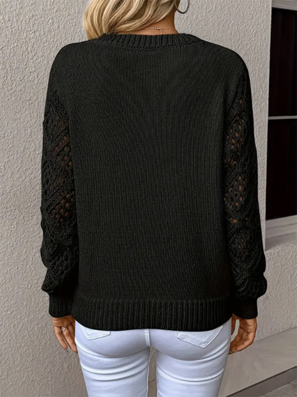 Sweaters - V-neck Hollow Out Embroidery Long Sleeve Sweater Knit Top