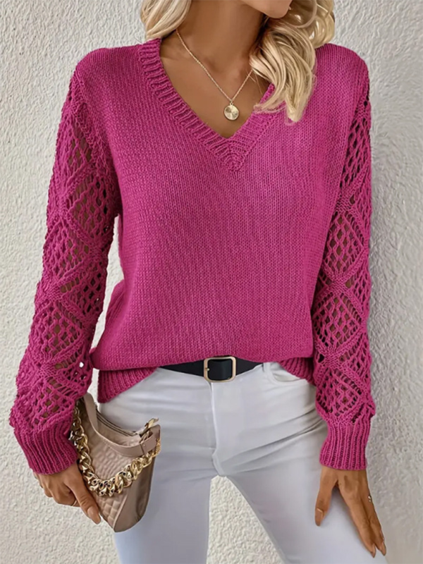 Sweaters - V-neck Hollow Out Embroidery Long Sleeve Sweater Knit Top