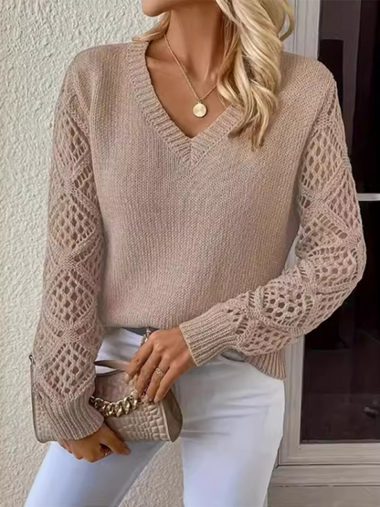 Sweaters - V-neck Hollow Out Embroidery Long Sleeve Sweater Knit Top