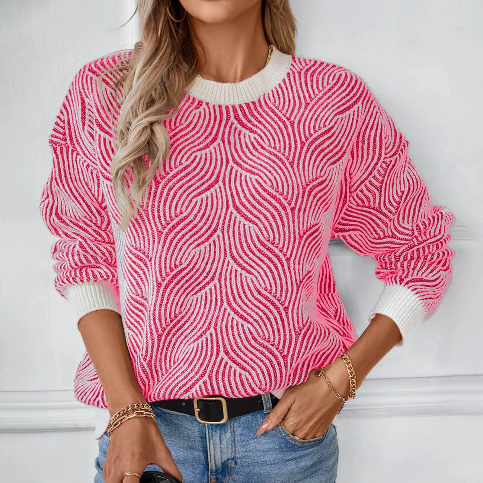 Sweaters - Wave Pattern Cozy Sweater Knit Patterned Jumper