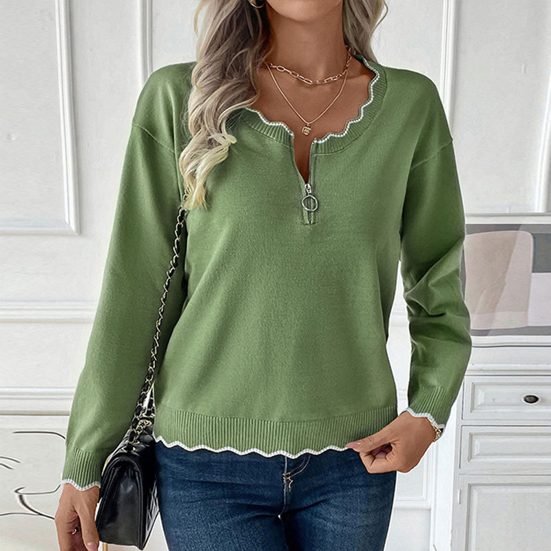 Sweaters - Wavy Contrast Trim Half-Zip Sweater in Olive Green