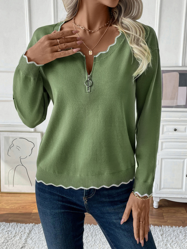 Sweaters - Wavy Contrast Trim Half-Zip Sweater in Olive Green