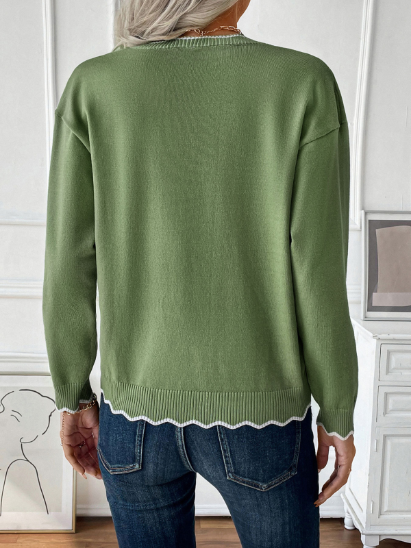 Sweaters - Wavy Contrast Trim Half-Zip Sweater in Olive Green