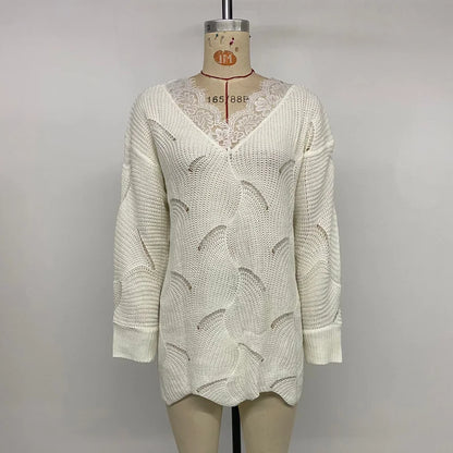 Sweaters- Wavy Knit Women's Cozy Lace V-Neck Sweater- White- Pekosa Women Fashion