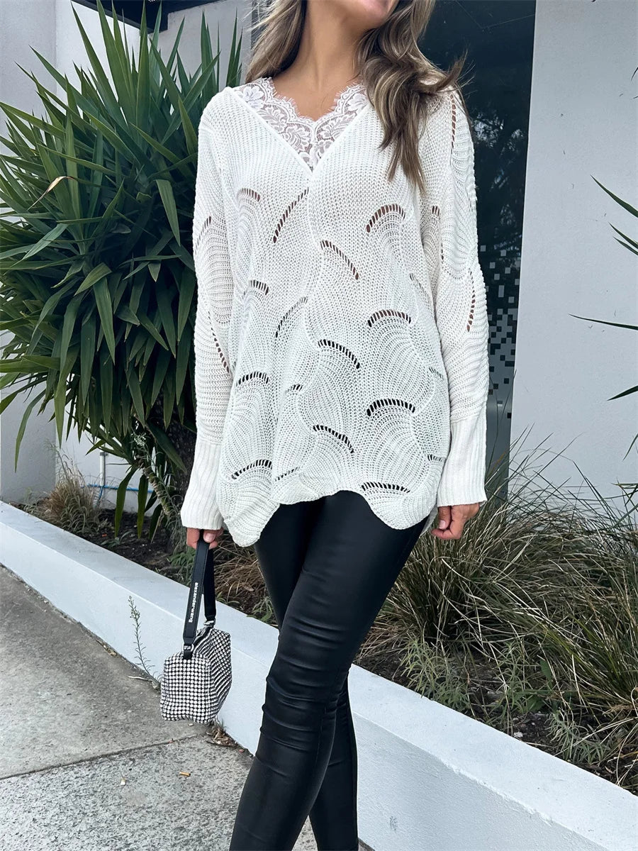 Sweaters- Wavy Knit Women's Cozy Lace V-Neck Sweater- - Pekosa Women Fashion