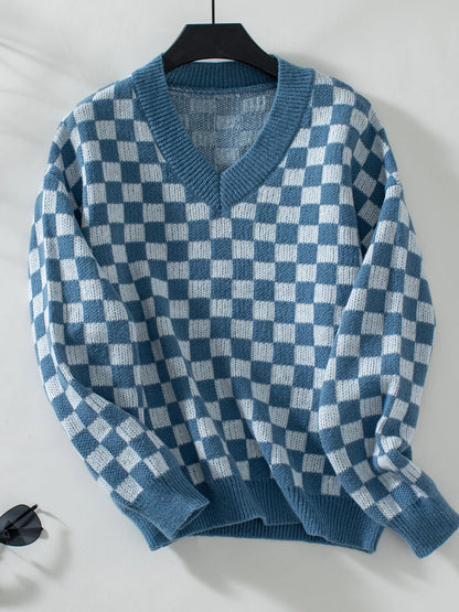 Sweaters- Winter Classic Checkered V-Neck Sweater- Blue- Pekosa Women Fashion