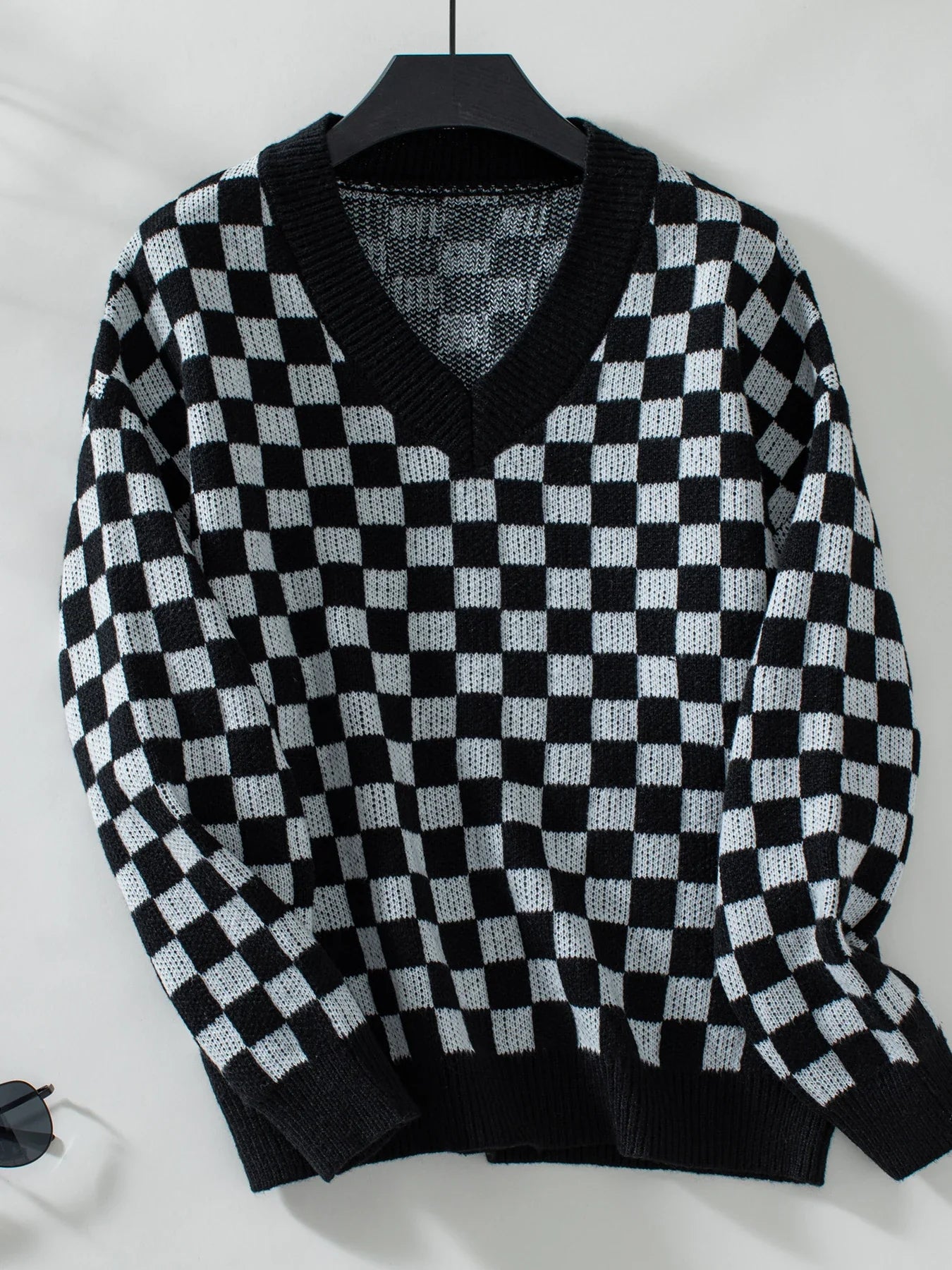 Sweaters- Winter Classic Checkered V-Neck Sweater- Black- Pekosa Women Fashion