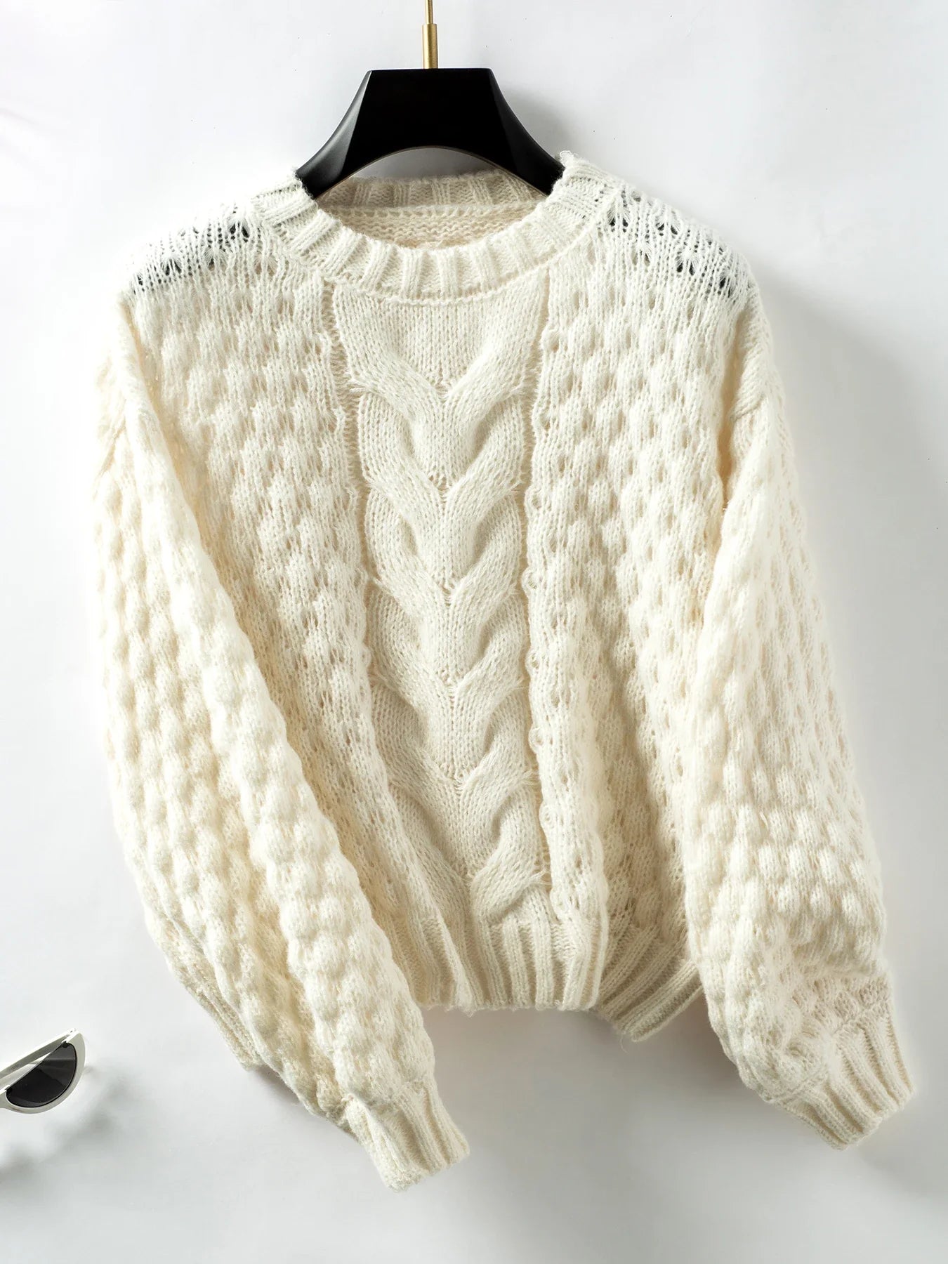 Sweaters- Women Cable Knit Crewneck Sweater- Beige- Pekosa Women Fashion