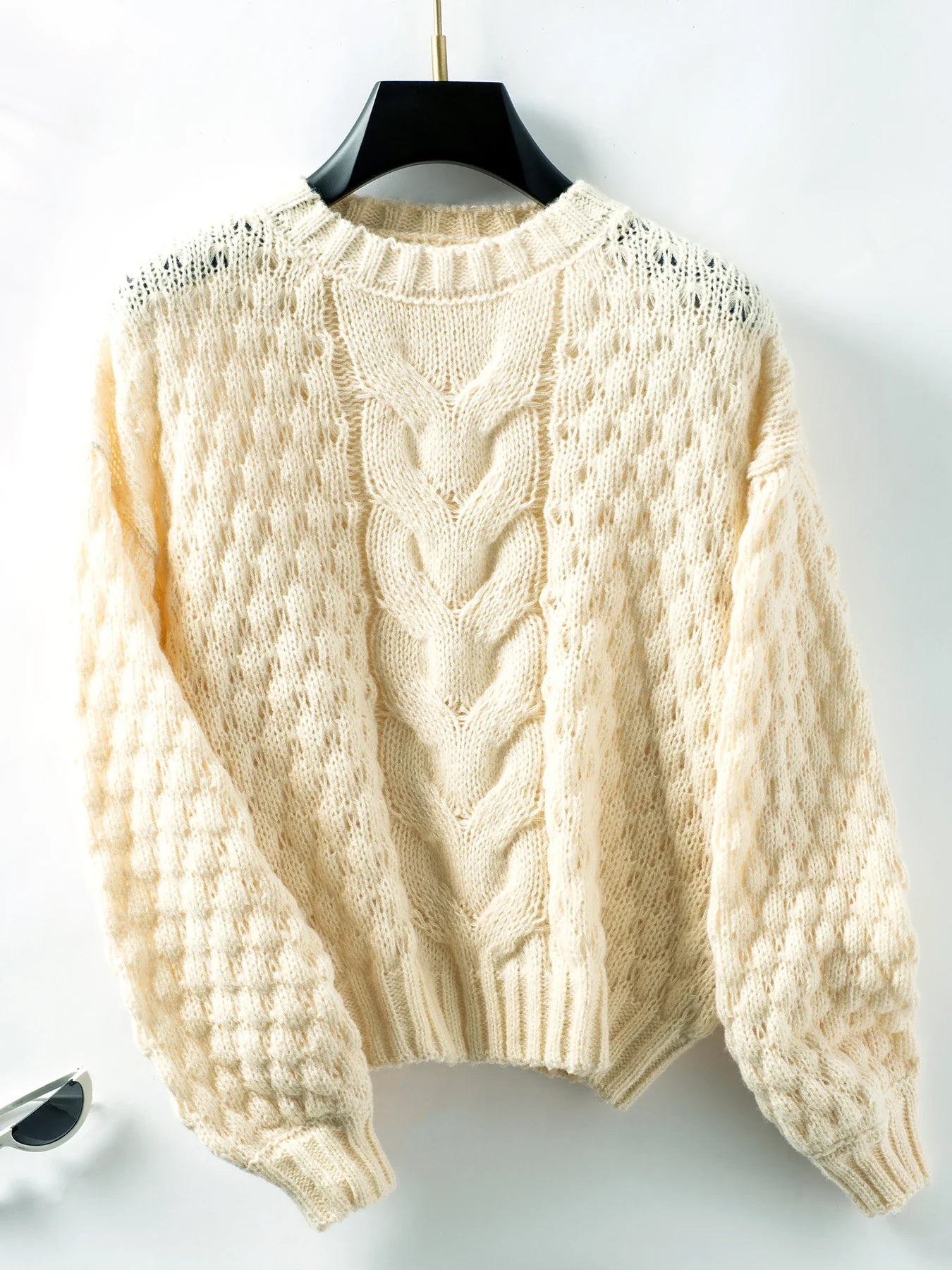 Sweaters- Women Cable Knit Crewneck Sweater- Apricot- Pekosa Women Fashion