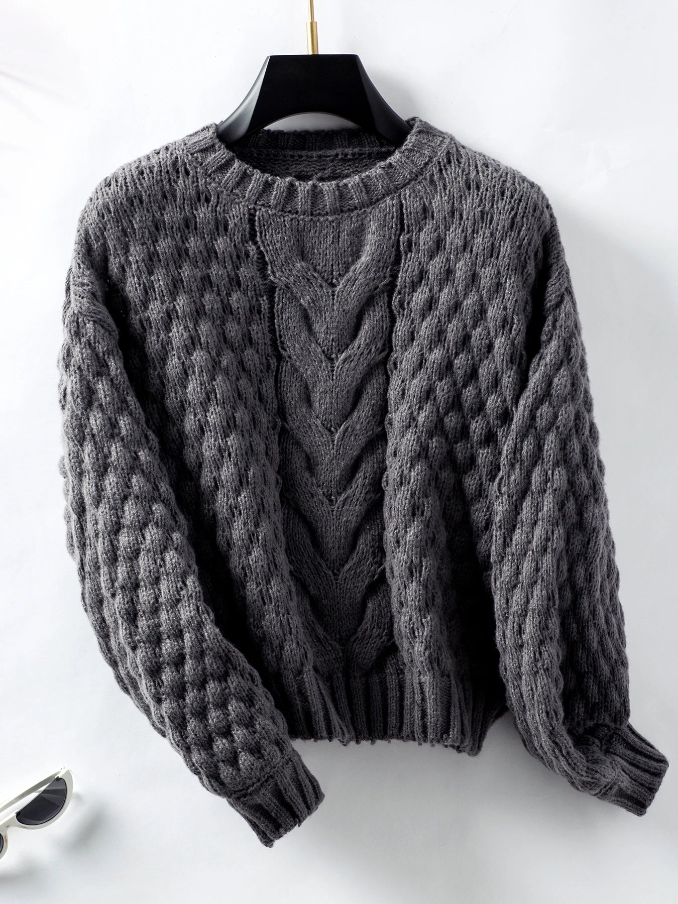 Sweaters- Women Cable Knit Crewneck Sweater- Dark Grey- Pekosa Women Fashion