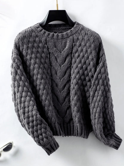 Sweaters- Women Cable Knit Crewneck Sweater- Dark Grey- Pekosa Women Fashion