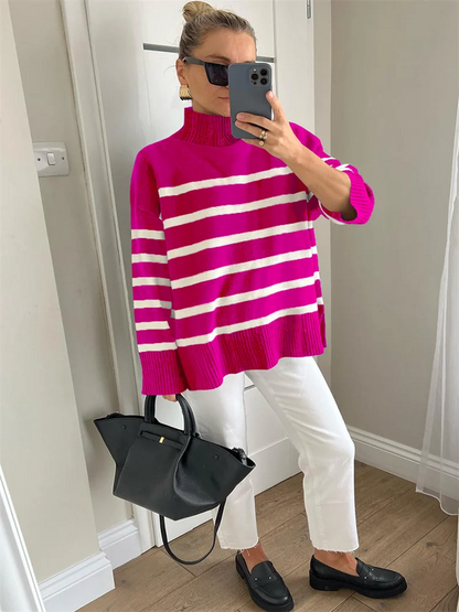 Sweaters- Women Cozy Striped Turtleneck Sweater for Fall and Winter- - Chuzko Women Clothing