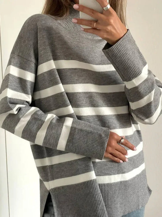 Sweaters- Women Cozy Striped Turtleneck Sweater for Fall and Winter- - Chuzko Women Clothing