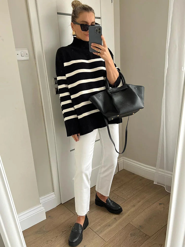 Sweaters- Women Cozy Striped Turtleneck Sweater for Fall and Winter- - Chuzko Women Clothing