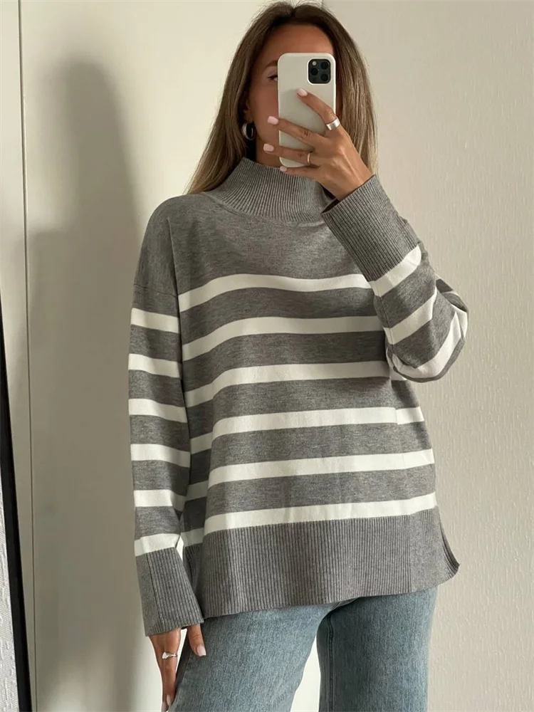 Sweaters- Women Cozy Striped Turtleneck Sweater for Fall and Winter- GRAY- Chuzko Women Clothing