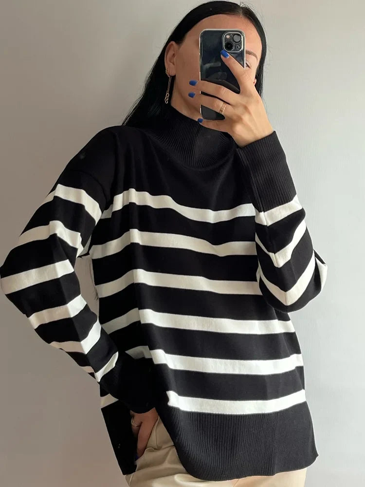 Sweaters- Women Cozy Striped Turtleneck Sweater for Fall and Winter- Black- Chuzko Women Clothing