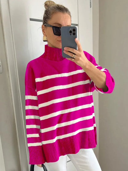 Sweaters- Women Cozy Striped Turtleneck Sweater for Fall and Winter- Rose Red- Chuzko Women Clothing