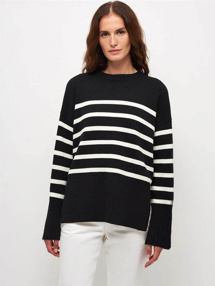 Sweaters- Women Drop Shoulder Stripe Jumper Relaxed Sweater Chilly Days- black- Chuzko Women Clothing