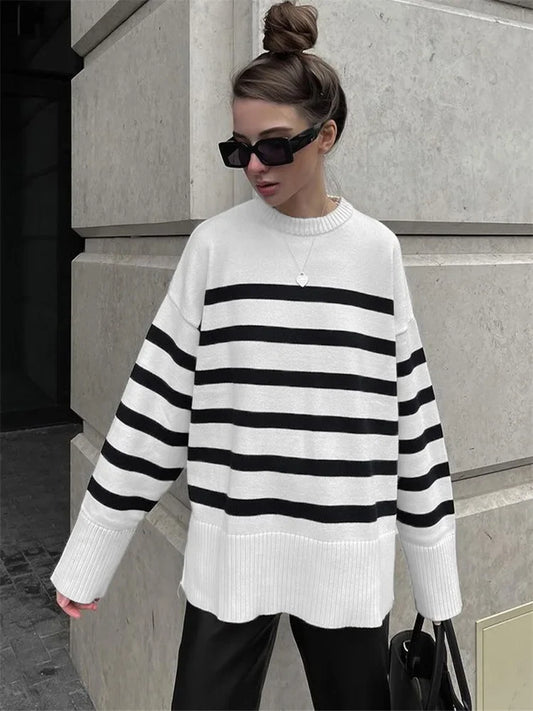 Sweaters- Women Drop Shoulder Stripe Jumper Relaxed Sweater Chilly Days- WHITE- Chuzko Women Clothing