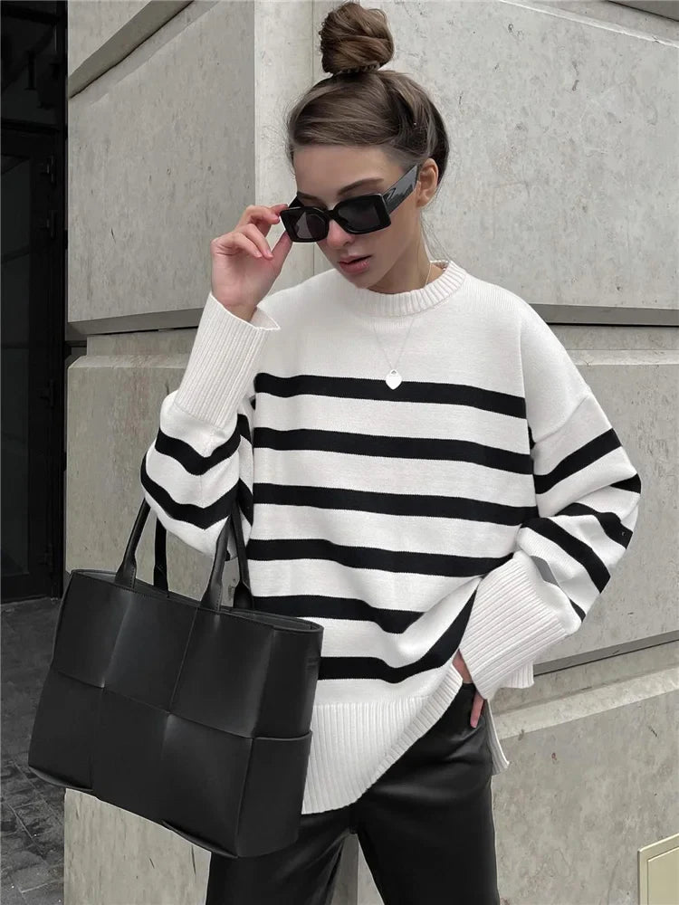 Sweaters- Women Drop Shoulder Stripe Jumper Relaxed Sweater Chilly Days- - Chuzko Women Clothing