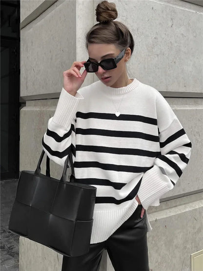 Sweaters- Women Drop Shoulder Stripe Jumper Relaxed Sweater Chilly Days- - Chuzko Women Clothing