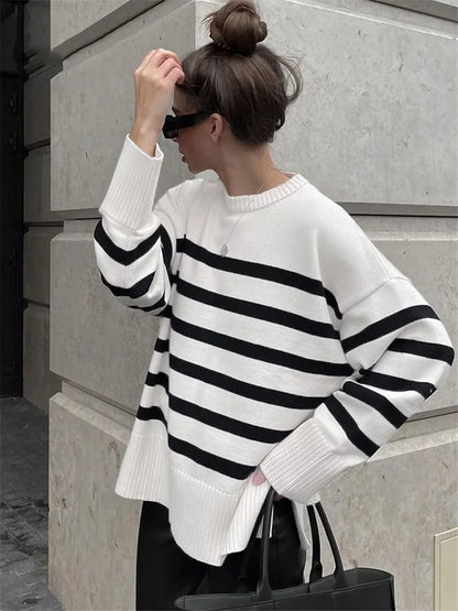 Sweaters- Women Drop Shoulder Stripe Jumper Relaxed Sweater Chilly Days- - Chuzko Women Clothing