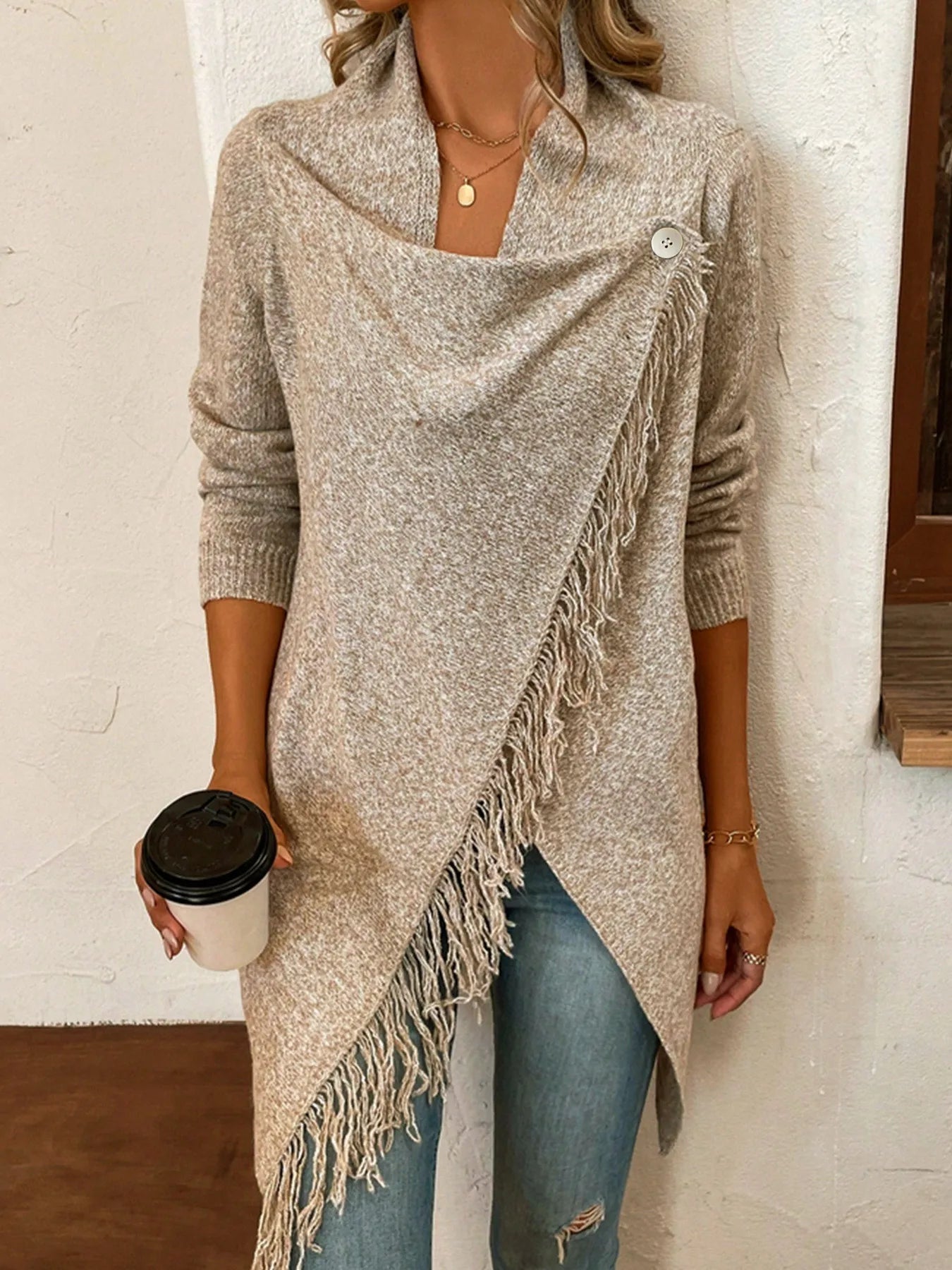 Sweaters- Women Elegant Draped Asymmetrical Fringe Sweater- Khaki- Pekosa Women Fashion