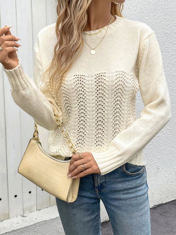 Sweaters- Women Elegant Openwork Knit Sweater- Cracker khaki- Pekosa Women Fashion