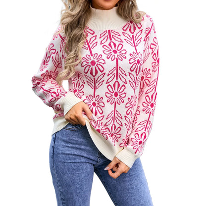 Sweaters- Women Floral Knitting High Neck Sweater - Office to Evening- Hot Pink- Pekosa Women Fashion