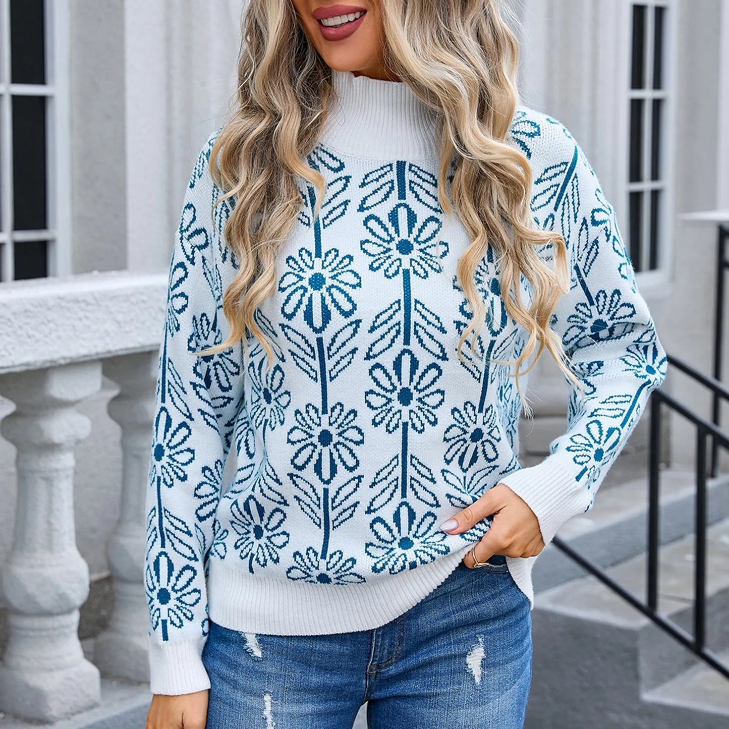 Sweaters- Women Floral Knitting High Neck Sweater - Office to Evening- - Pekosa Women Fashion