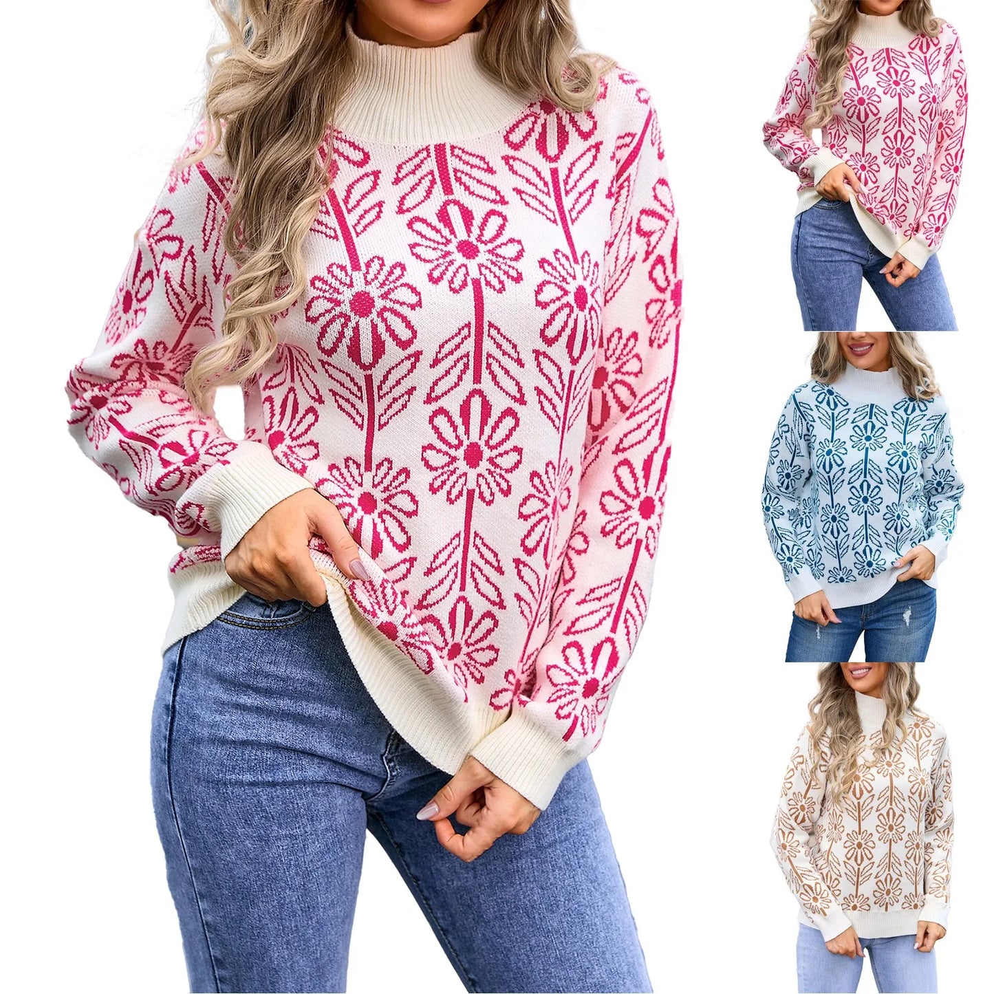 Sweaters- Women Floral Knitting High Neck Sweater - Office to Evening- - Pekosa Women Fashion