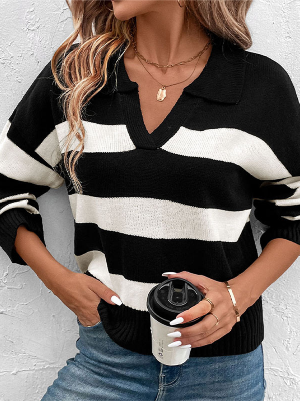 Women Horizontal Stripe V-Neck Sweater for Morning Coffee