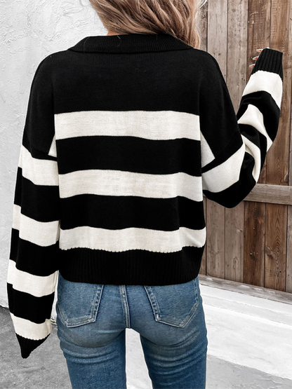 Women Horizontal Stripe V-Neck Sweater for Morning Coffee