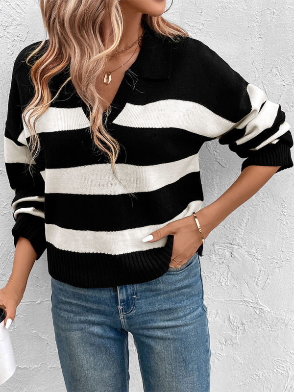 Women Horizontal Stripe V-Neck Sweater for Morning Coffee