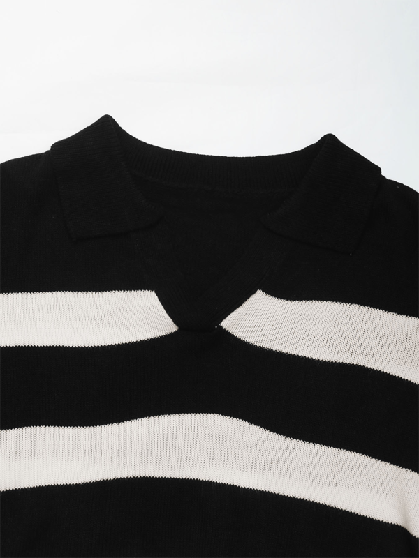 Women Horizontal Stripe V-Neck Sweater for Morning Coffee