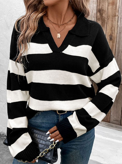 Women Horizontal Stripe V-Neck Sweater for Morning Coffee