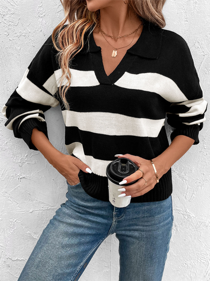 Women Horizontal Stripe V-Neck Sweater for Morning Coffee