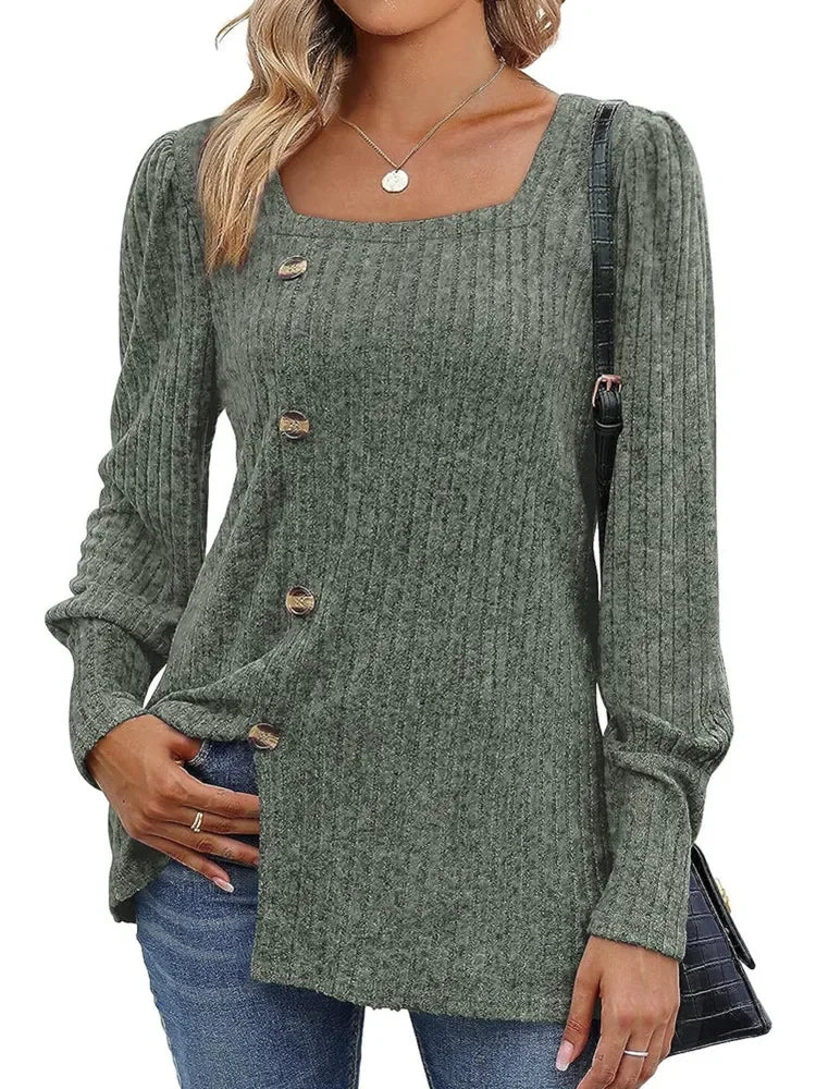 Sweaters- Women Long Sleeve Sweater Top with Button Detail- - Pekosa Women Fashion